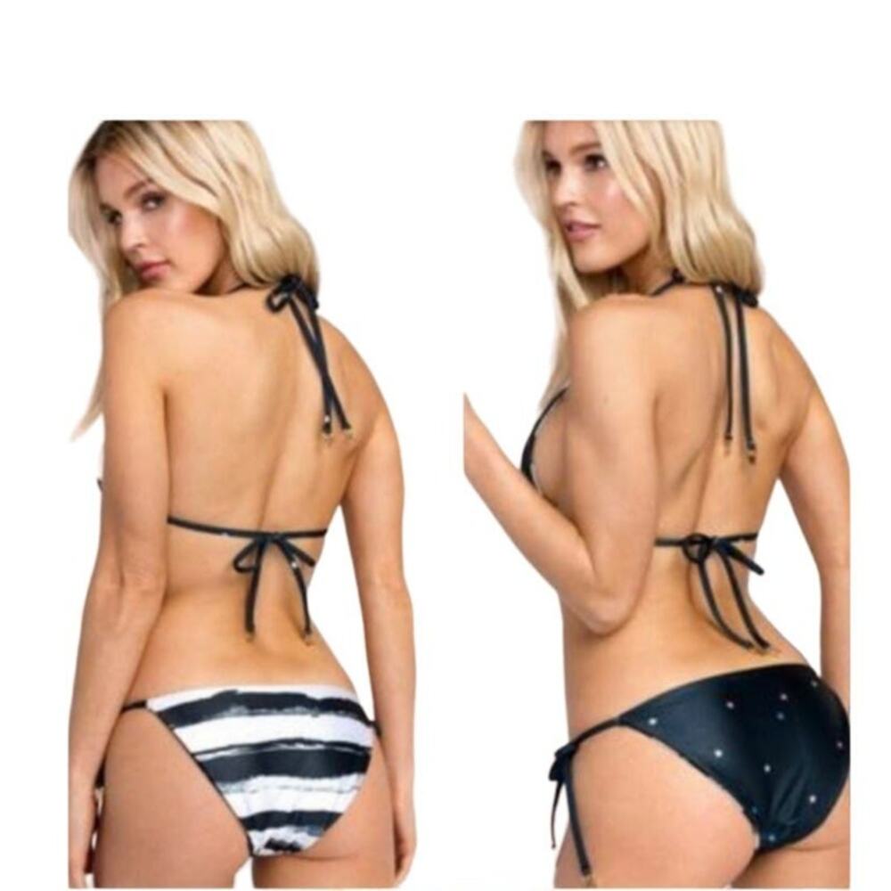 New Wildfox reversible stars and mascara stripes tie side bikini bottom sz small